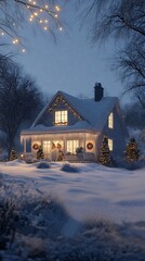Magical Winter Cottage with Twinkling Christmas Lights photo