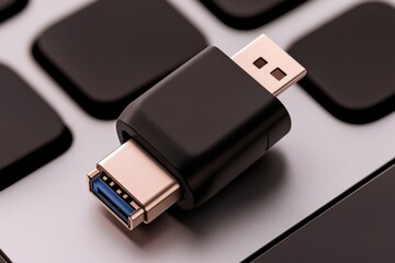 Fototapeta premium anti tracking anonymity concept. USB connector on a laptop keyboard close-up.