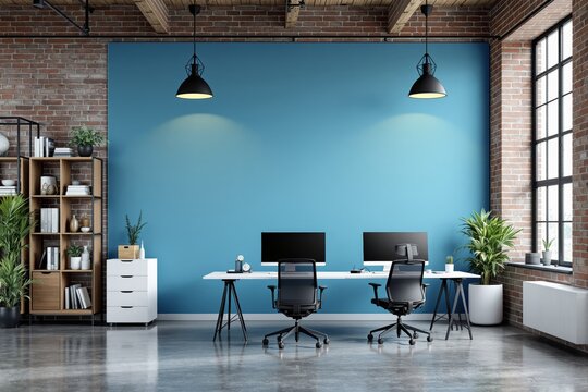 Stylish office interior with exposed brick background, blue accent wall, minimalist furniture, and plants. Modern workspace concept. Ai generative