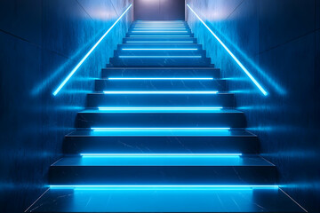 Fototapeta premium A modern staircase illuminated with bright blue neon lighting