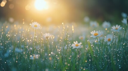 Fototapeta premium Field of White Daisies at Sunrise with Dew Drops