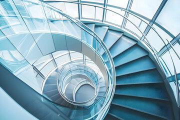 Fototapeta premium A modern spiral staircase rises through a glass and steel structure