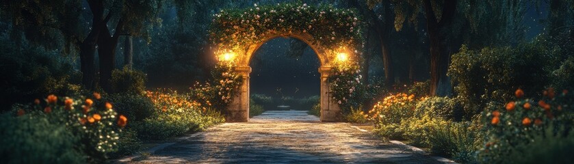 Fototapeta premium Glowing Archway in an Enchanted Forest at Night