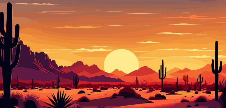 Desert landscape abstract art background. Texas western mountains and cactuses. Vector illustration of Wild West desert with red sky and sun. Design element for banner, flyer, card, sign template.
