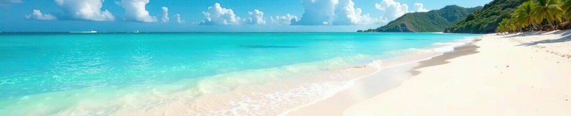 Turquoise waters lapping at soft white sands of a pristine Caribbean beach,  destination,  sand