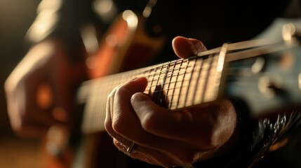 Fototapeta premium Hands playing electric guitar, musician fingers on strings and texture of instrument.