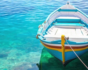 Floating colorful boat on crystal clear waters at a serene coastal location captured in bright daylight from a close-up angle