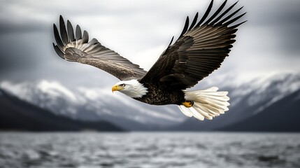 Obraz premium Majestic eagle soaring through a dramatic sky selective color focusing on the eagle's powerful wings