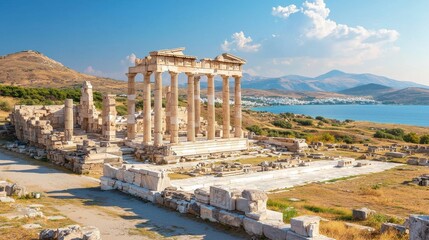 Exploring ancient ruins delos island historical photograph coastal landscape serene viewpoint cultural heritage