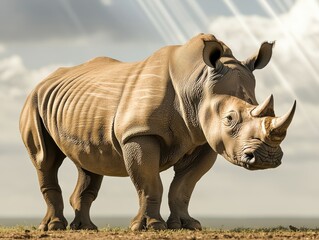 Fototapeta premium Majestic rhinoceros walking in natural habitat under sunlight wildlife photography outdoor environment captured from ground level perspective