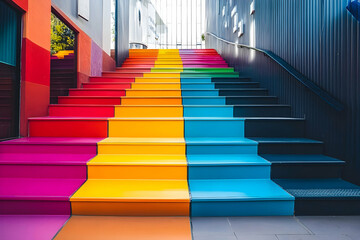 Fototapeta premium A colorful rainbow stairway leading upwards through an architectural structure