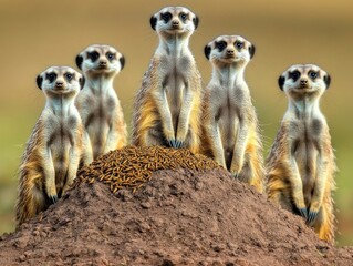 Fototapeta premium Meerkats foraging together on a mound in the savanna animal behavior natural habitat wildlife photography dynamic group interaction