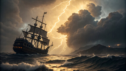 A dramatic depiction of an ancient sailing ship braving a terrifying thunderstorm at sea.