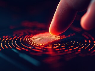 anti tracking anonymity fingerprint biometric concept. Fingerprint sensor with glowing digital interface.