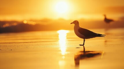 Seagull Silhouette walking on beach at Golden Sunrise