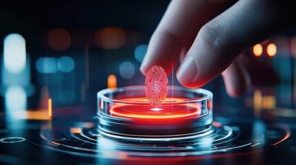 anti tracking anonymity fingerprint biometric concept. A hand places a fingerprint on a futuristic biometric scanner.