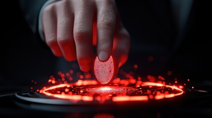 anti tracking anonymity fingerprint biometric concept. Hand interacting with a glowing fingerprint scanner in a dark setting.