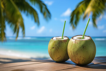 two green coconut drinks with straws on a wooden table at a tropical beach with palm trees and blue ocean in the background