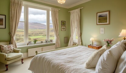 Bright Green Bedroom with Mountain View and White Bedding