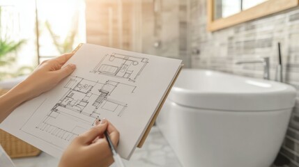 Obraz premium Hands holding notepad with creative bathroom design blueprint sketch or drawing. Real interior design project background. Before and after concept, architect designer work flow idea