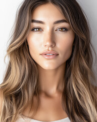 Naklejka premium Portrait of a woman with long flowing hair and natural makeup against a light background