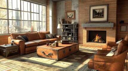 3D-rendered industrial loft living room bold steel details a fireplace, and a mix of leather and wood furniture blending modern and vintage styles.  