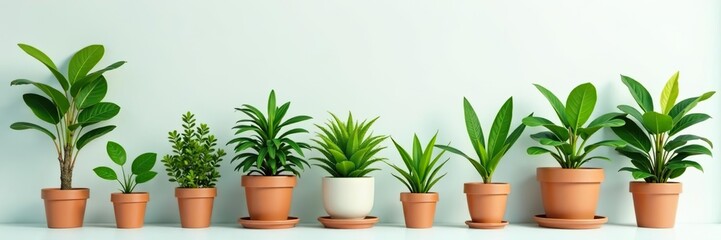 Fototapeta premium Variety of potted plants in different sizes and shapes lined up, shapes, collection
