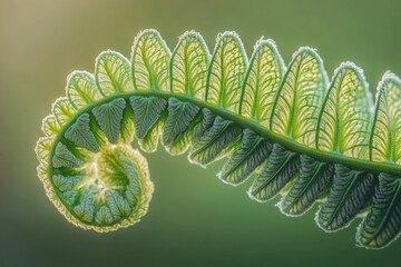Naklejka premium A macro shot of a fern leaf unfurling, with the soft texture of the leafa??s tiny hairs visible under warm natural light. Each curl of the frond showcases its intricate design and vibrant green hue.