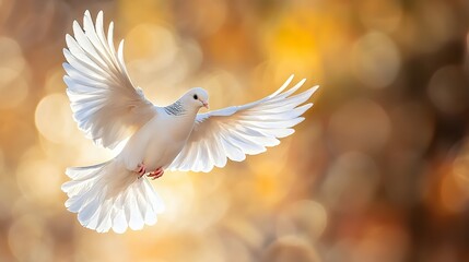 Fototapeta premium White Dove Soaring in Flight Against Golden Bokeh Background Peaceful Scene