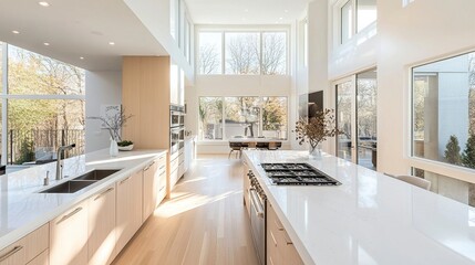 Airy and modern kitchen featuring soft pastel accents, sleek countertops, and a minimalist aesthetic brightened by large windows.  