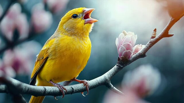 Melodious Yellow Finch on Blossom Branch: A vivid portrayal of a yellow finch perched on a branch, singing amidst delicate blossoms. the image captures the vibrant colors and sweet songs of spring