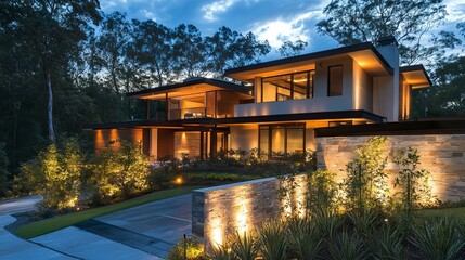 Bold architectural design of a modern house lit up at night clean lines highlighted by strategically placed warm outdoor lights. 