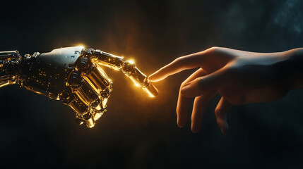 A human hand reaching or touching the finger of an artificial intelligence robot