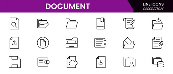 Set of line icons related to documents, contract, passport, resume, archive. Outline icons collection.