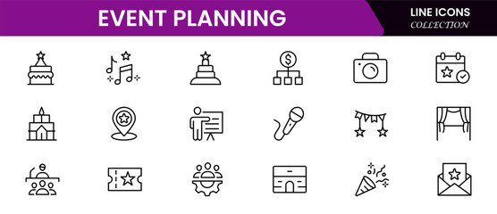 Event planning line icon set. Planning, decoration, venue, catering, timeline, music, guest etc.