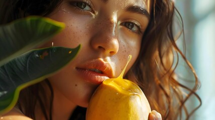  Close-up of a beautiful girl holding a mango, a drop of mango juice about to fall into her mouth. 
