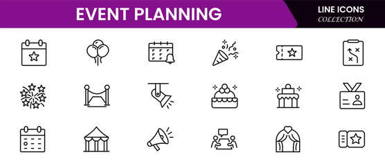 Event planning line icon set. Planning, decoration, venue, catering, timeline, music, guest etc.