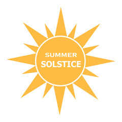 Yellow sun shape with text summer solstice in center, flat vector illustration for seasonal or holiday design on white background