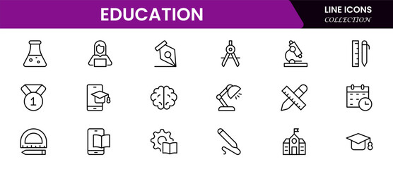 Outline icons of education, studying and science. Includes human brain, fields of study, graduation, school, university and knowledge. Designed for web, mobile, promo materials. Vector illustration.