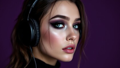 Young female with headphones and dramatic makeup against purple background