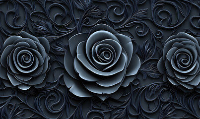 Elegant dark blue roses with intricate swirling leaves on a textured background, perfect for decor