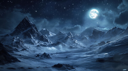 Fototapeta premium A breathtaking night scene of snow-capped mountains under a full moon and starry sky
