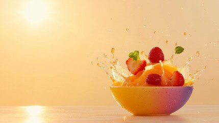 A playful splatter of fresh fruit splashing into a bowl creating a bright and colorful sorbet melting delight