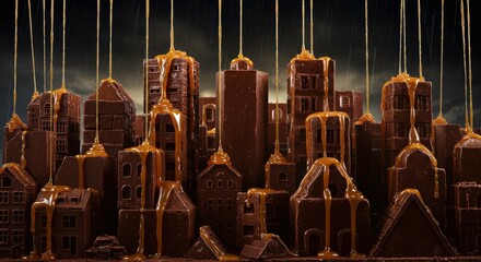 Obraz premium Melted Caramel Cityscape Dark Chocolate Buildings Under Drizzling Caramel Rain