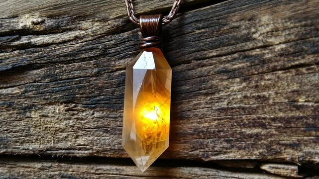 Natural Crystal Pendant on Wooden Background, Unique Jewelry Piece with Warm Glow, Beautiful Minimalist Design, Perfect for Fashion or Gift Ideas