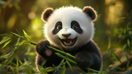 Obraz premium Adorable baby panda holding bamboo