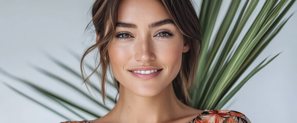 Fototapeta premium Smiling woman posing in front of a tropical plant in a bright indoor setting