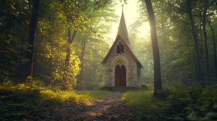 Obraz premium Serene Chapel in the Woods with Path and Greenery image