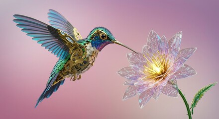 Fototapeta premium Steampunk Hummingbird in Flight Approaching a Translucent Flower
