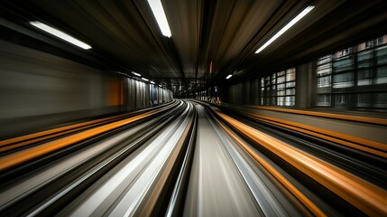 Fototapeta premium Moving quickly through a dark tunnel with blurred lights and tracks